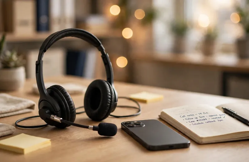 A call centre headset on a desk